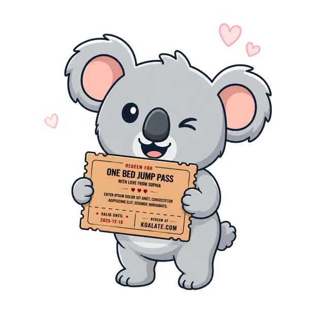 Koala mascot holding a pink coupon envelope